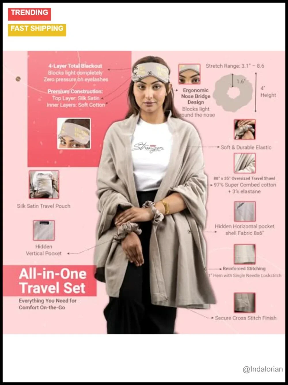 Luxury Travel Set - Cashmere-Soft Shawl Wrap with Pockets, Eye Mask, Scrunchies